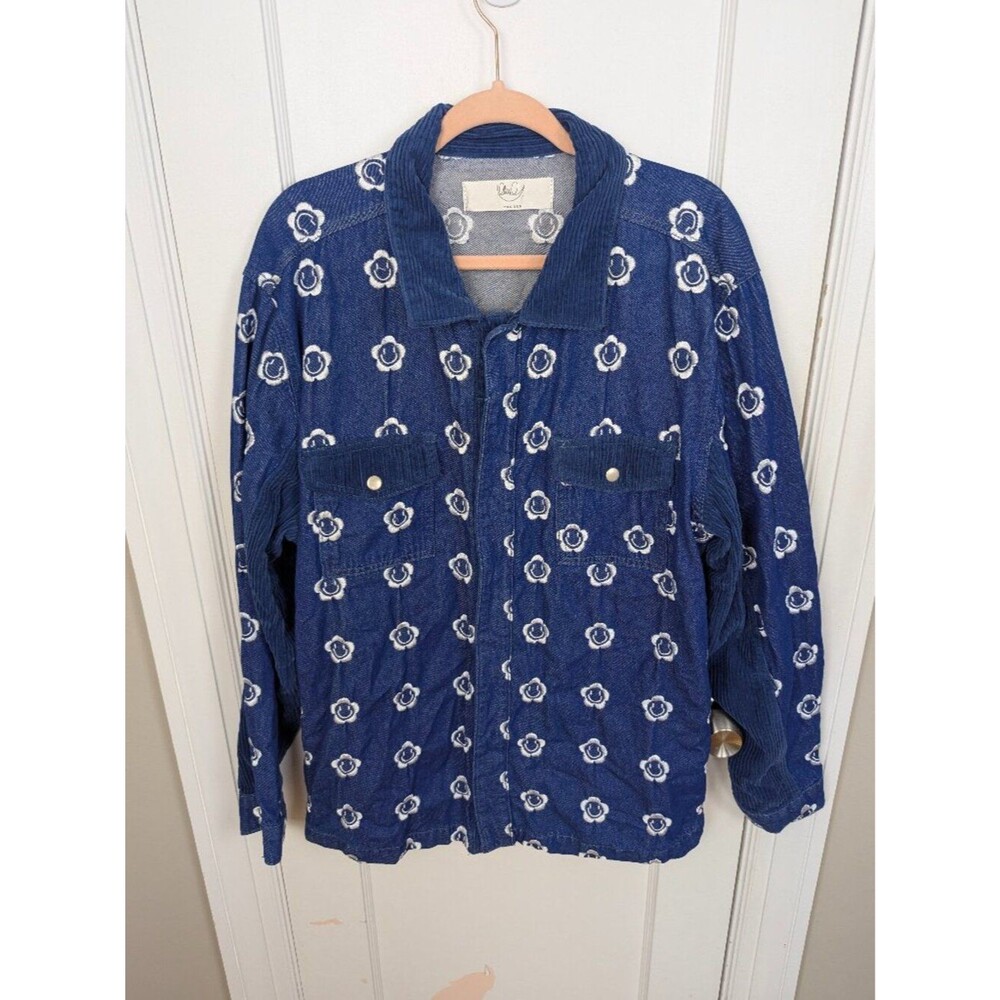 PacSun | Blue Denim and Corduroy Embroidered Smiley Face Flower Jacket